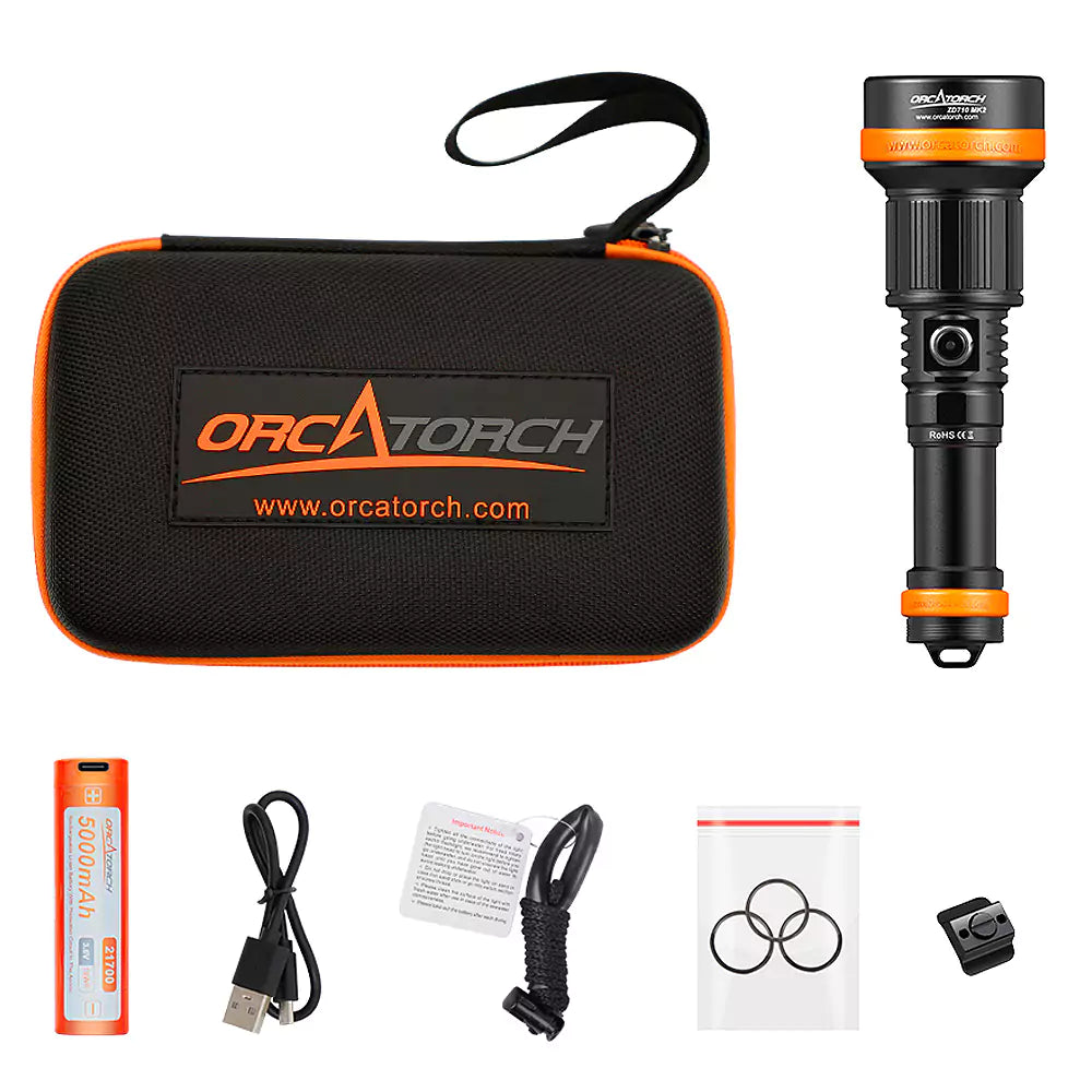 OrcaTorch ZD710 Dive Light components